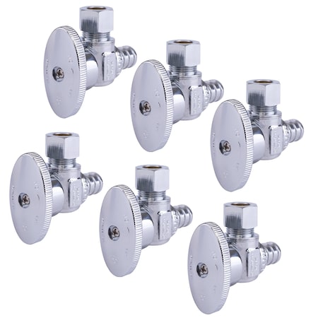 1/2 In. Chrome- Plated Brass PEX Barb X 3/8 In. Compression Quarter-Turn Angle Stop Valve Jar, 6PK